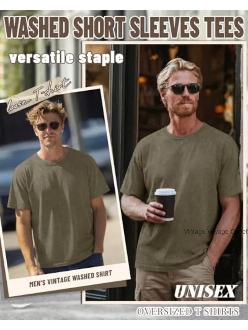 Mens Oversized Vintage Washed Crew Neck T-Shirt Heavyweight Cotton Spandex